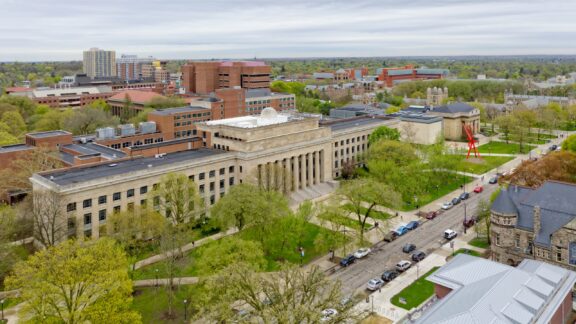 An aerial view of a large building on the University of Michigan campus in Washtenaw County.