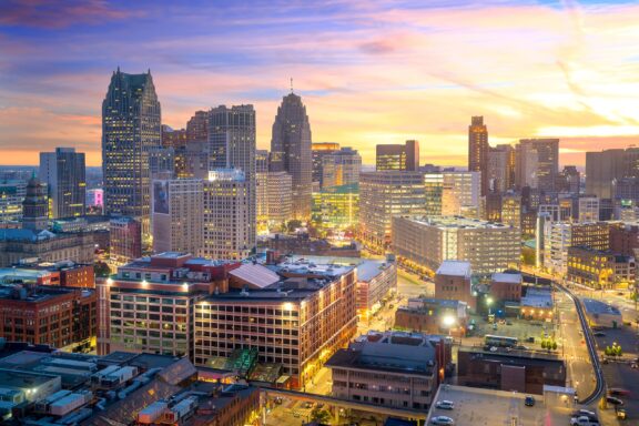 An aerial view of downtown Detroit, Michigan in Wayne County at night.