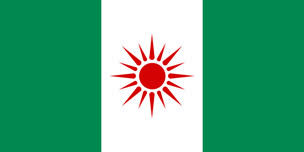 A green-white-green vertical striped flag with a red sunburst in the center.