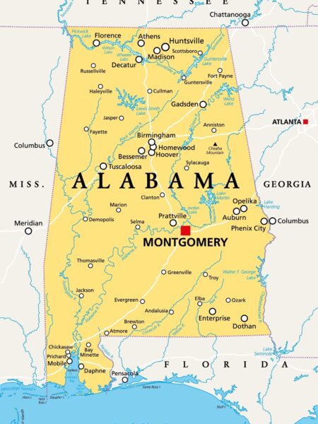 Alabama al political map with the capital montgomery cities rivers