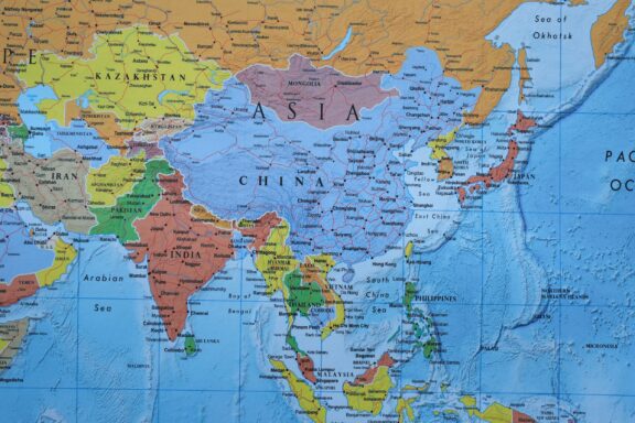 Close up of asia on world map