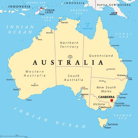 Australia political map with the capital canberra internal administrative boundaries.