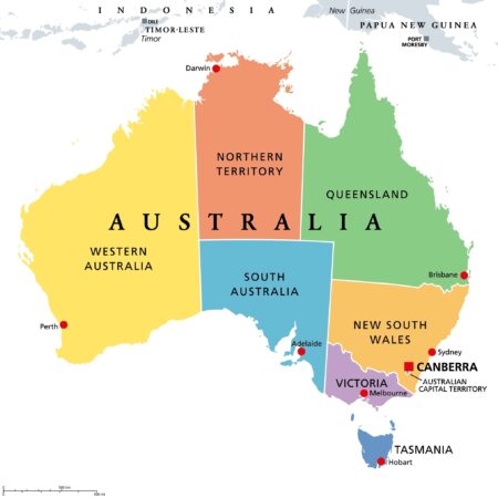 Australia colored political map with the capital canberra and administrative divisions.