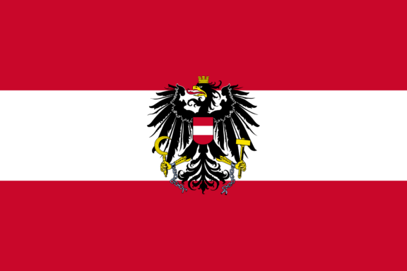 Austrian flag with the national coat of arms featuring a black eagle with a crown and a red and white shield.