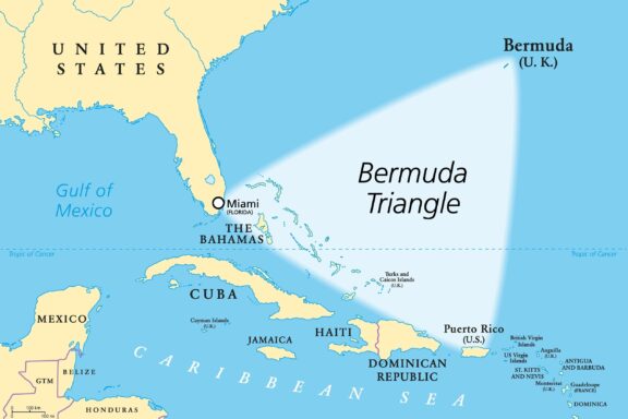 The Bermuda Triangle or Devils Triangle, political map. Region in the North Atlantic Ocean between Bermuda, Miami and Puerto Rico, where aircrafts and ships disappeared under mysterious circumstances.