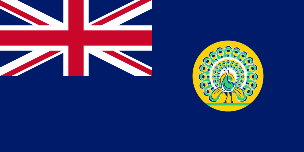 Flag of British Burma featuring the Union Jack in the top left corner and a peacock on a blue and yellow background on the right.