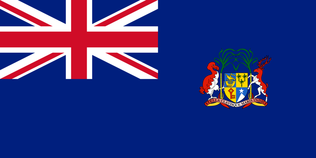 Historical flag of British Mauritius with the Union Jack in the top left corner and a shield with three palm trees and a key in the right half.