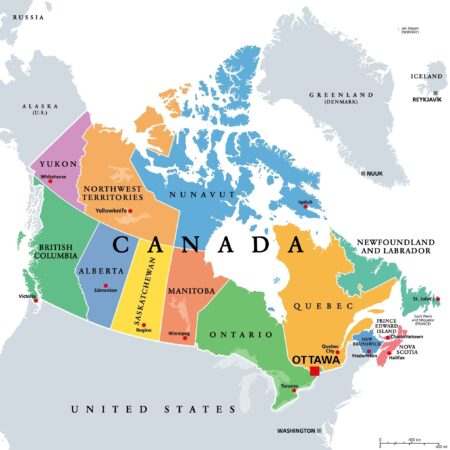 Canada administrative divisions colored political map ten provinces and three