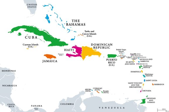 The caribbean colored political map subregion of the americas