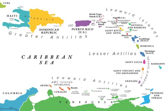 Lesser antilles of the caribbean multi colored political map.