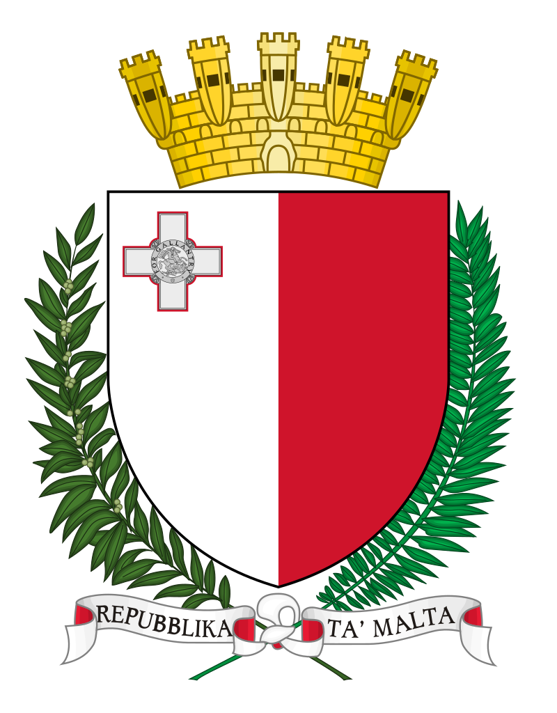 Coat of arms of Malta featuring a shield with a white and red vertical split, a George Cross in the upper hoist, surrounded by a golden mural crown and flanked by an olive branch and a palm branch, with a scroll below reading "Repubblika ta' Malta."