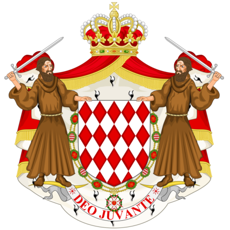 Coat of arms of Monaco featuring a shield with red and white diamonds, two monks holding swords, and a crown above with the motto "Deo Juvante."