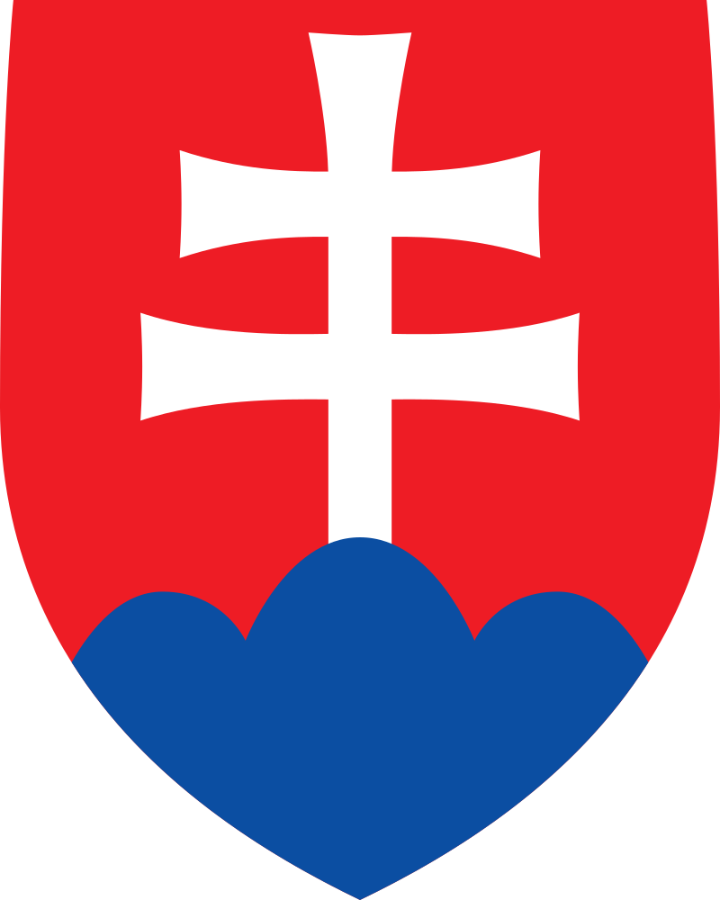 Coat of arms of Slovakia featuring a red shield with a white double cross on three blue hills.