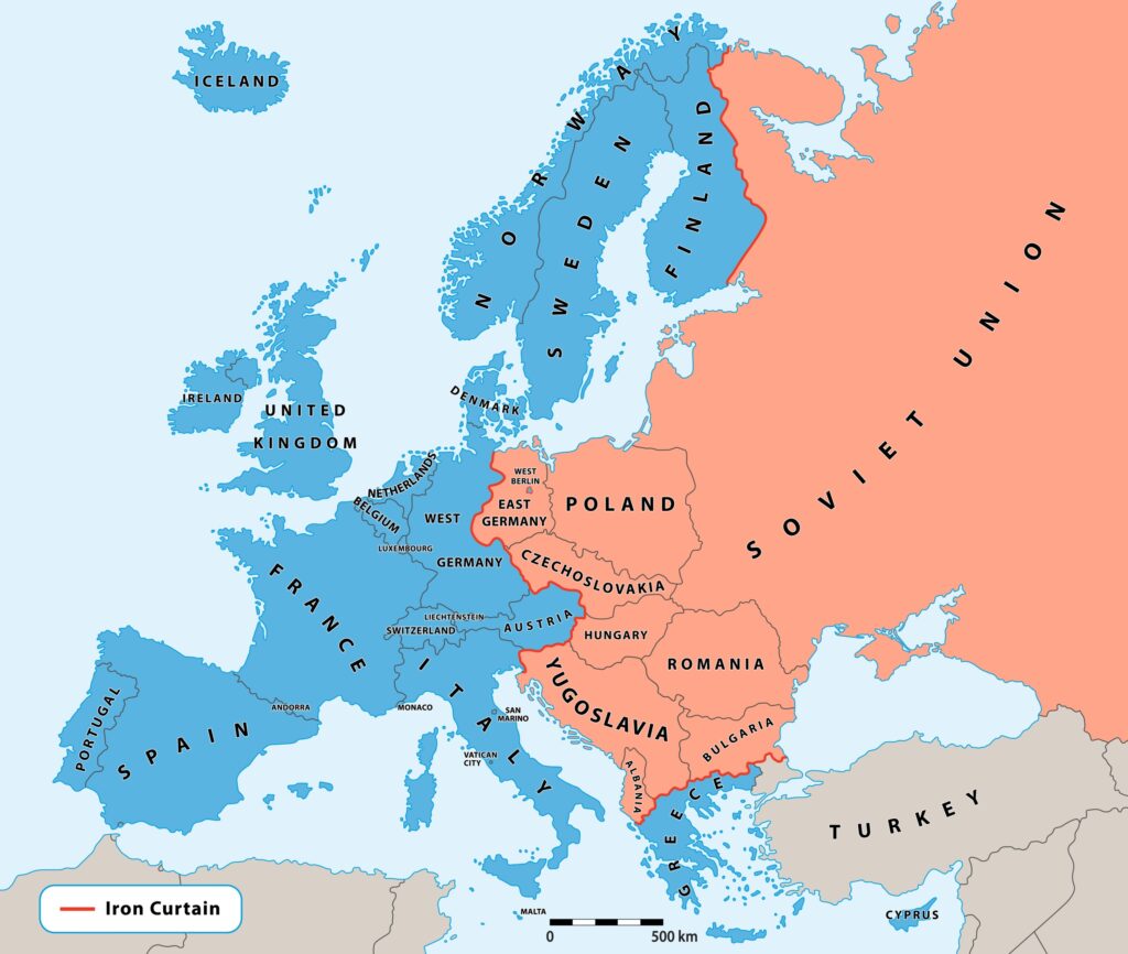 Cold War Map: Iron curtain during the cold war era.