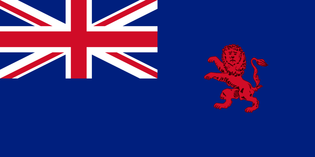 Flag of the Protectorate of Kenya with a Union Jack in the top left corner and a red lion in the right side on a blue background.