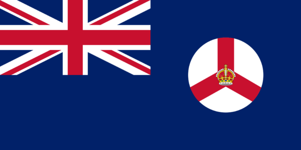 Flag of the Crown Colony of Singapore with a British Union Jack in the top left corner and a crest on the right side on a blue background.