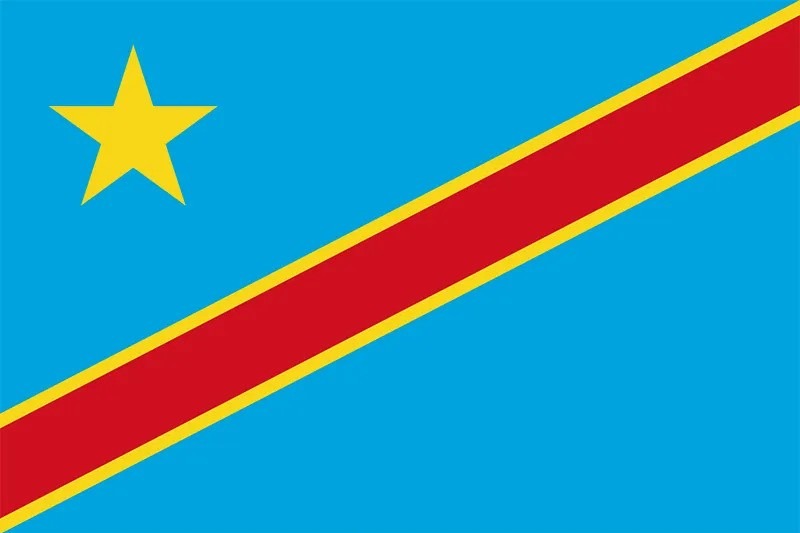 Flag of the Democratic Republic of Congo with a sky blue background, a red diagonal stripe bordered by yellow, and a yellow star in the upper left corner.