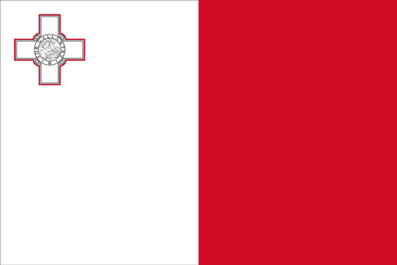 Flag of Malta with a white field on the left and a red field on the right, featuring a gray George Cross outlined in red in the upper hoist corner.