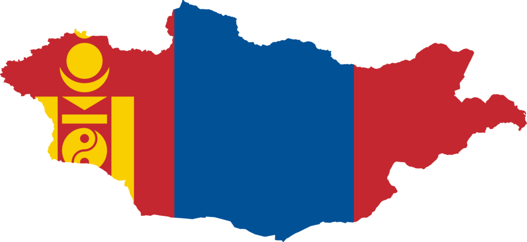 Flag of Mongolia superimposed on the country's map outline.