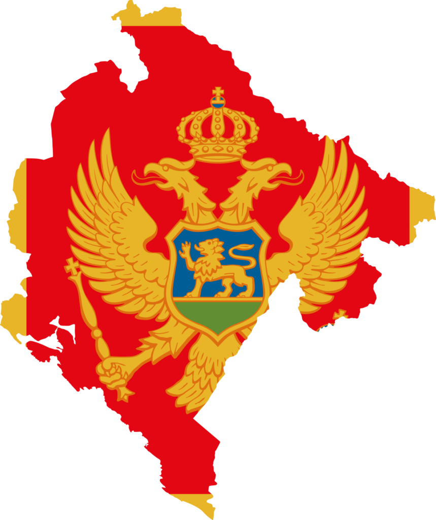 A graphic of Montenegro's flag superimposed on the country's map outline.