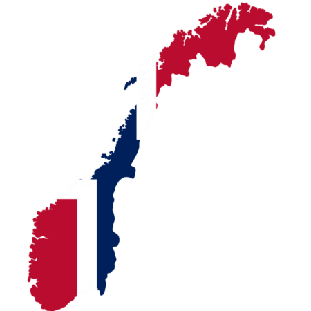 A graphic map of Norway shaped like the Norwegian flag with red and blue colors.