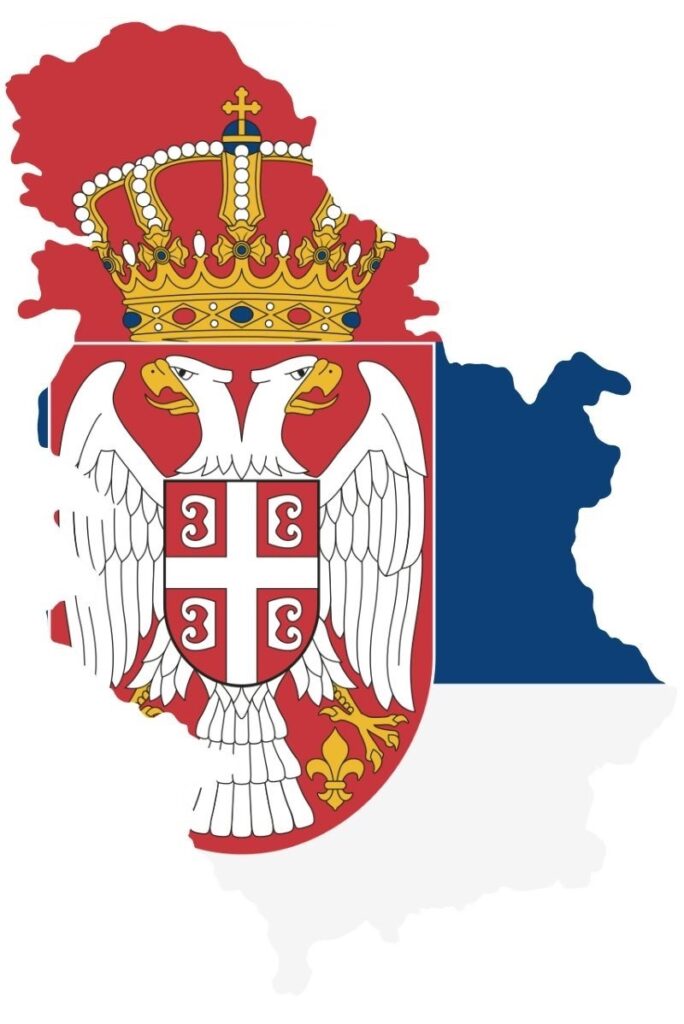 Flag map of Serbia with the national emblem on a white background.