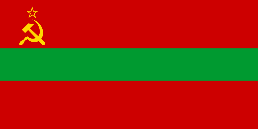 Flag of the Moldavian Soviet Socialist Republic with a red field, a green horizontal stripe, and a hammer and sickle with a star in the upper-left corner.