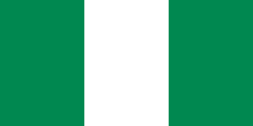 Flag of Nigeria with two green vertical stripes flanking a white stripe.