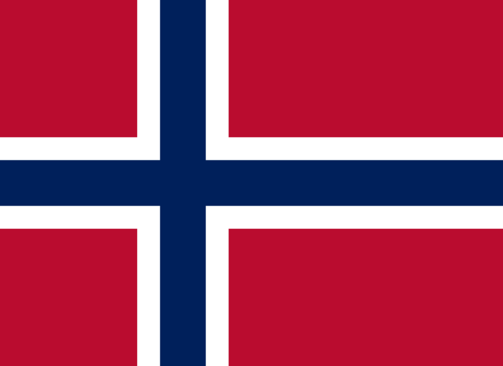 Flag of Norway with a red background and a blue cross outlined in white.