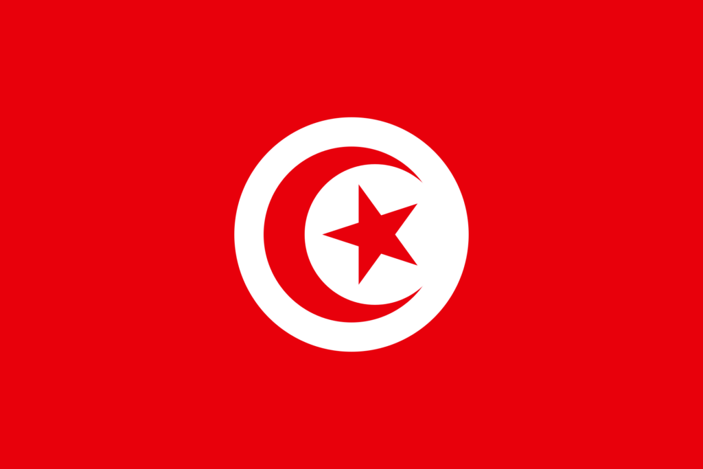 Flag of Tunisia with a red background, a white circle in the middle containing a red crescent moon encircling a red star.