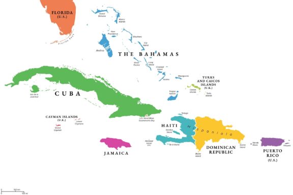 Greater antilles in the caribbean multicolored political map