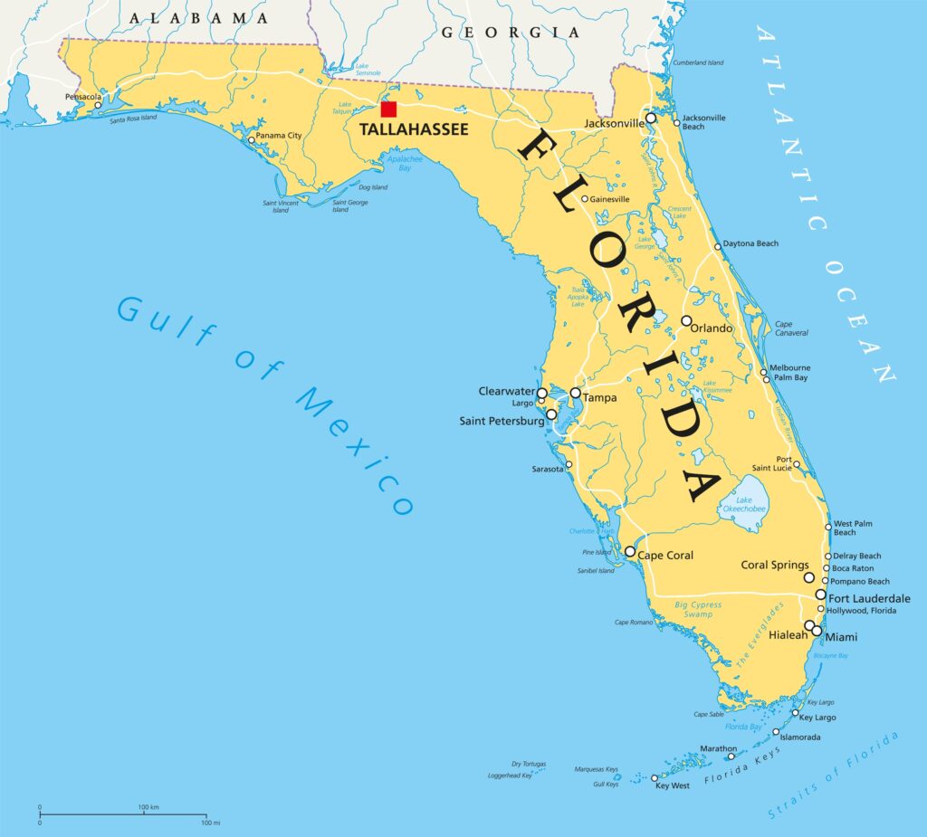 Florida state map and the Gulf of Mexico