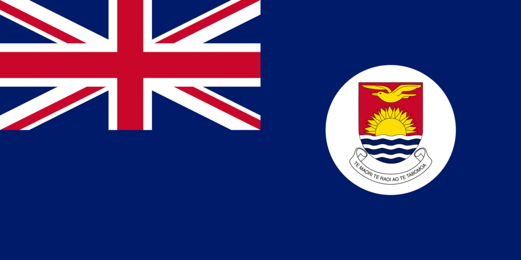 Flag of the Gilbert Islands with a blue field, the Union Jack in the canton, and a white circle on the fly side containing a gold frigate bird over a stylized blue and white wave pattern.