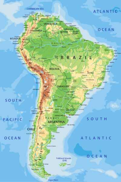 High detailed south america physical map labeling