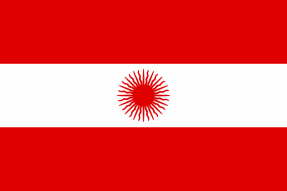 Historical flag of Peru with a red and white horizontal triband and a central sun emblem.