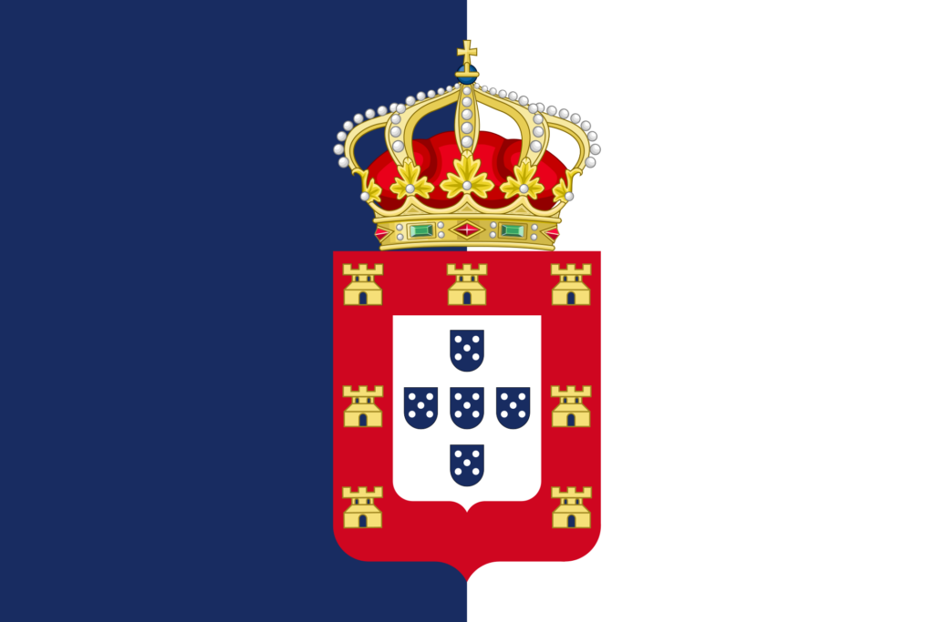 Historical flag of Portugal with a blue field on the left, a red field on the right, and the traditional Portuguese coat of arms in the center topped with a crown.