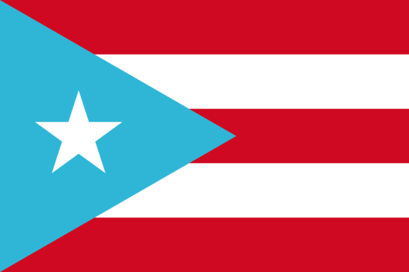 Historical flag of Puerto Rico with a light blue triangle, white star, and red and white stripes.