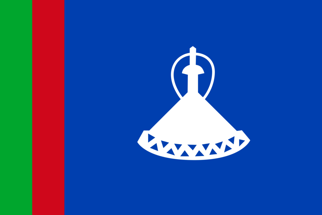 Flag of Lesotho featuring a horizontal blue stripe with a white mokorotlo (a traditional hat) in the center, flanked by white and green stripes on the top and bottom and a vertical red stripe on the left side.