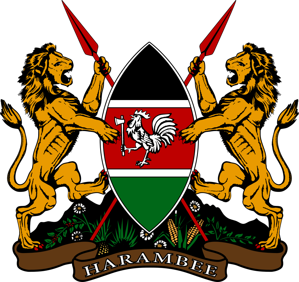 Kenyan coat of arms featuring two lions holding spears and a shield with a rooster in the center, set against a black background with the word "Harambee" below.