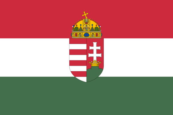 Flag of the Kingdom of Hungary with horizontal stripes of red, white, and green, and a central coat of arms featuring a striped shield with a cross and crown.