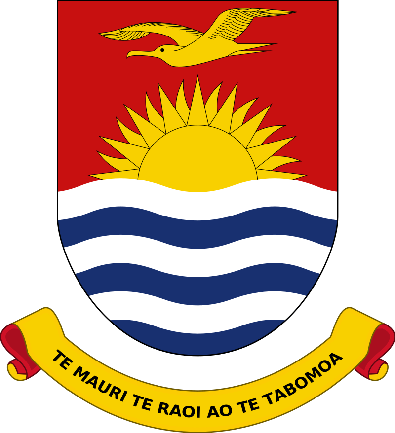 Coat of arms of Kiribati featuring a rising sun, a frigate bird, and ocean waves, with the motto "Te Mauri Te Raoi Ao Te Tabomoa" on a scroll below.