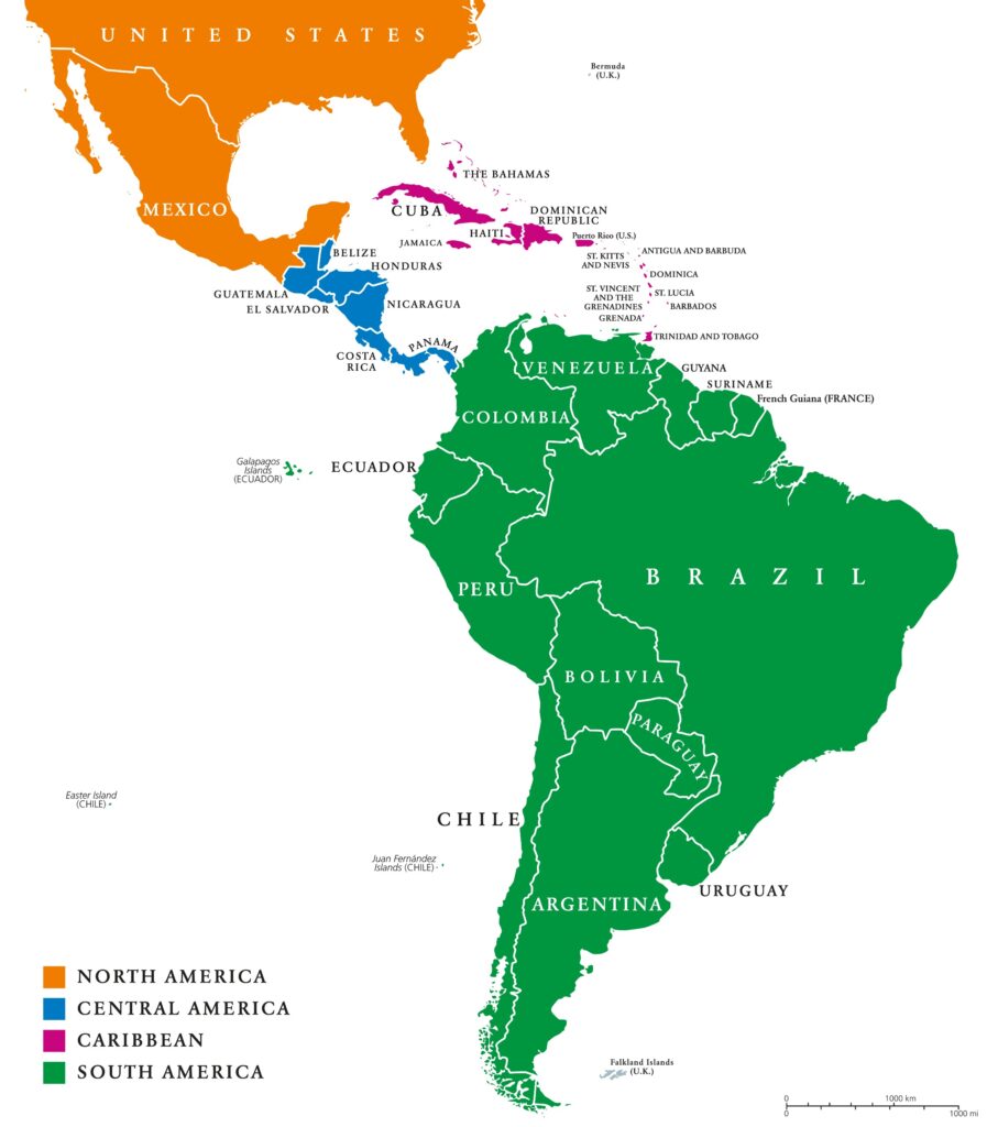 Latin America (Latam) regions map: North America, Central America, Caribbean, and South America.