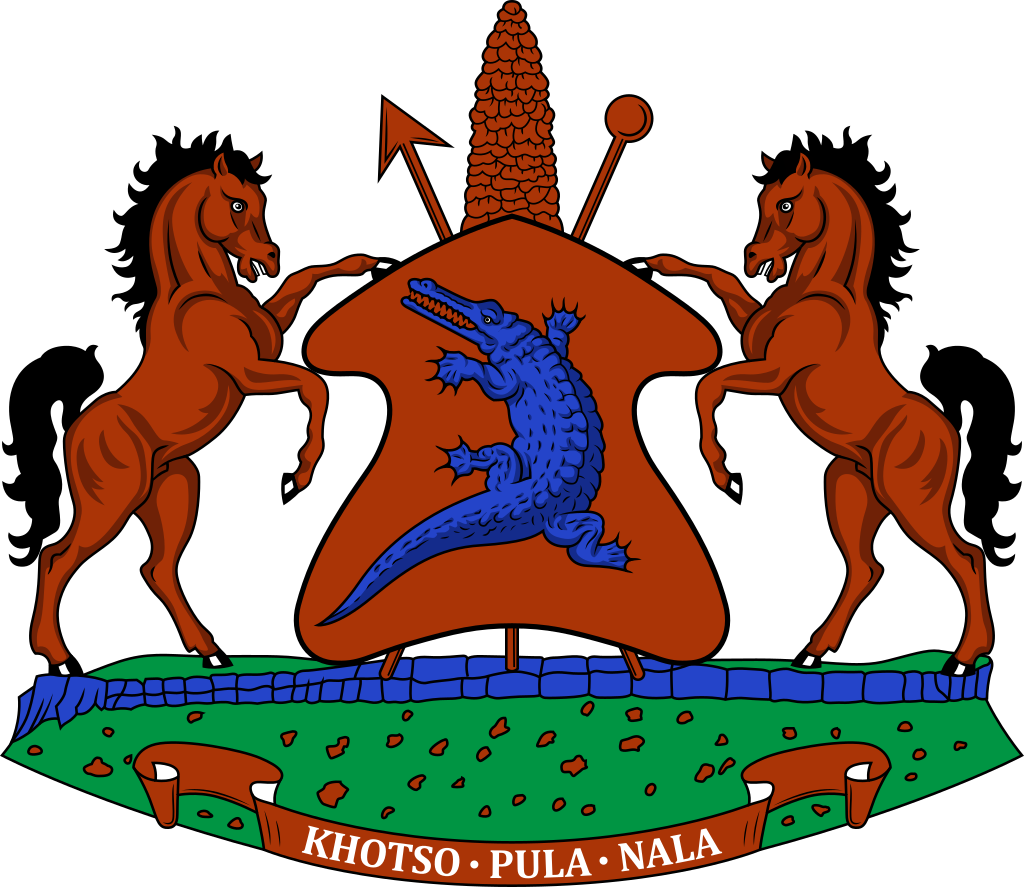 Coat of arms of Lesotho featuring a shield with a crocodile, supported by two horses above a scroll with the words "Khotso, Pula, Nala".