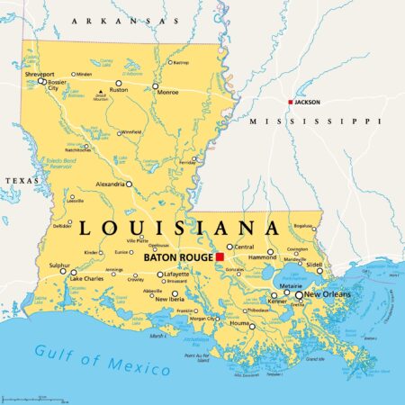 Louisiana la political map with capital baton rouge and metropolitan