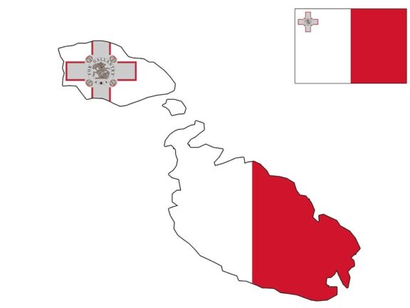 Map of Malta shaped with the Maltese flag colors, red and white, with the George Cross in the top left corner.