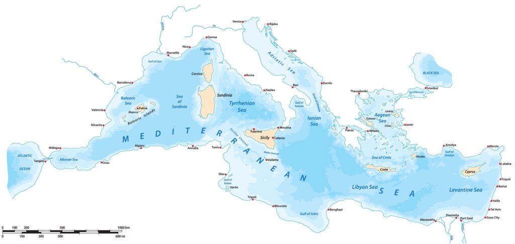 A map of the Mediterranean Sea between Southern Europe and North Africa.