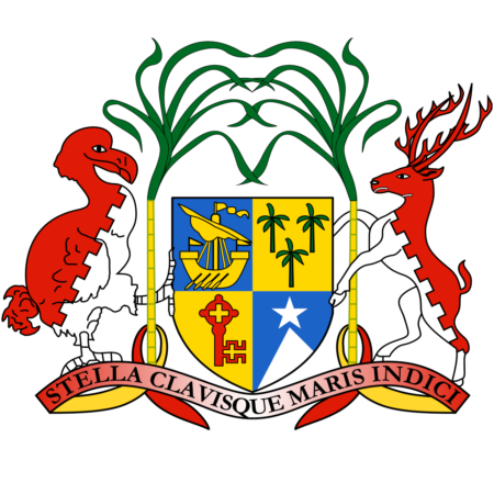 Coat of arms of Mauritius featuring a shield with a ship, palm tree, key, and star, flanked by a dodo bird and a deer, with a motto below.