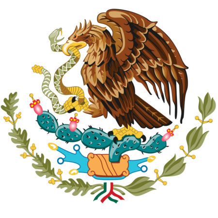 Illustration of the Mexico coat of arms featuring an eagle perched on a prickly pear cactus, devouring a snake, surrounded by a wreath of oak and laurel.