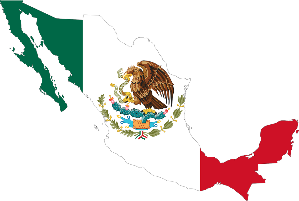 Map of Mexico with the Mexican flag overlaying the country's shape.