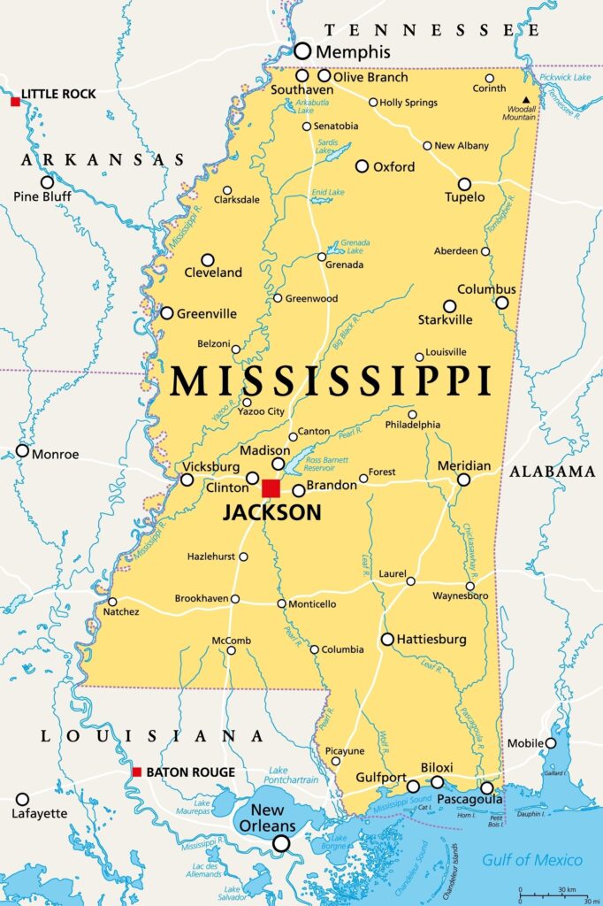 Mississippi ms political map with capital jackson important cities rivers